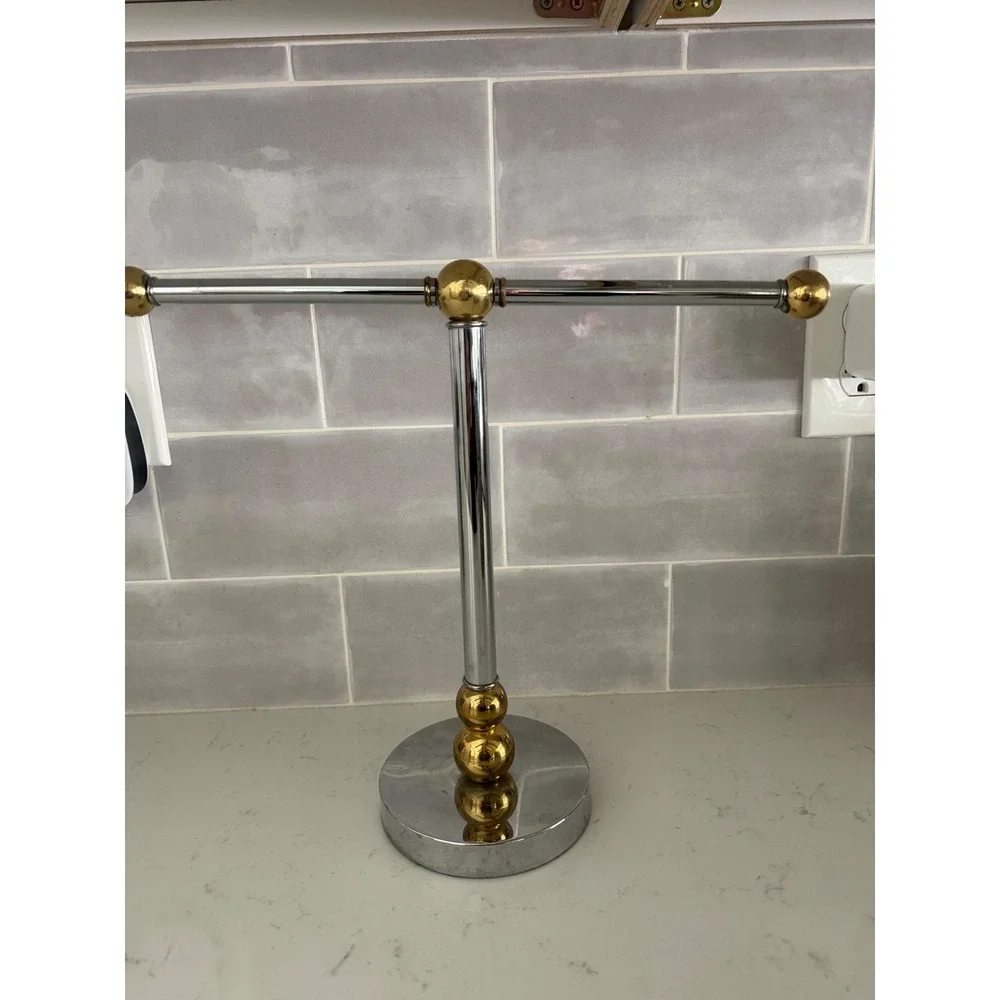 Vintage Chrome and Gold Ball T-Bar Jewelry Stand Necklace Organizer Display